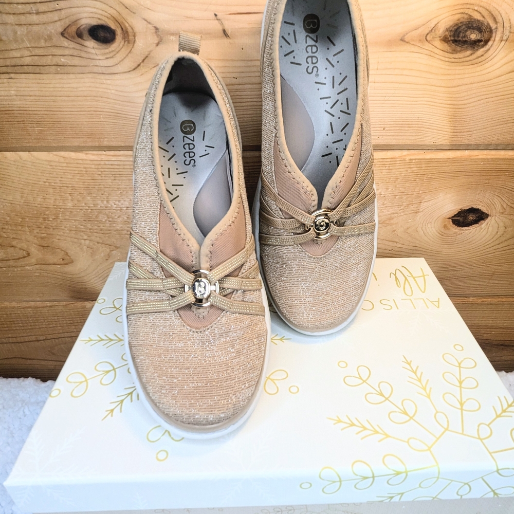 Bzees Slip-On Women's Beige/Gold  Shimmery Sneaker Shoes - Picture 15 of 15